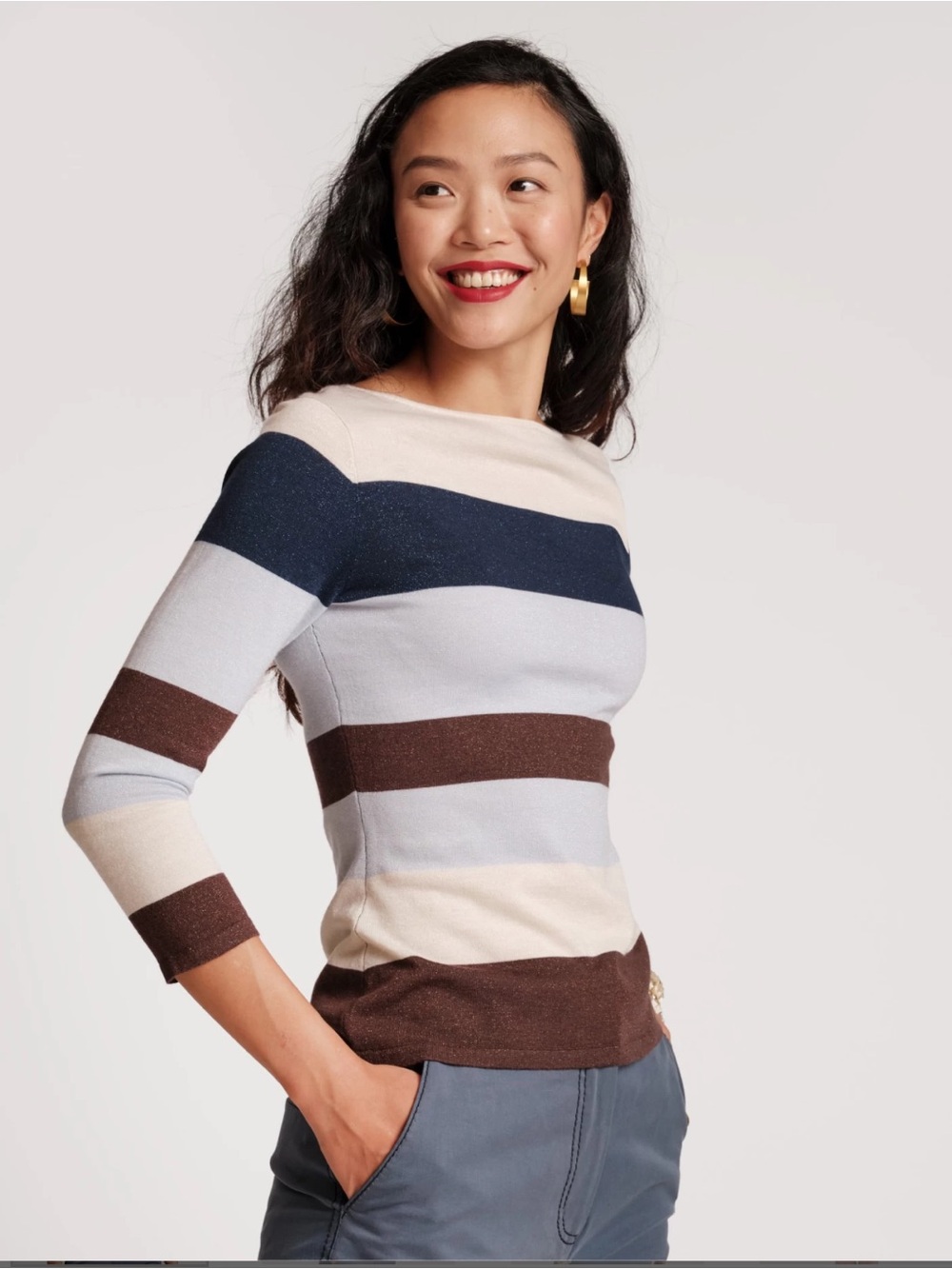 Frances Valentine Striped Scoopneck Sweater in Navy, Light Blue & Brown - Picture 2 of 9